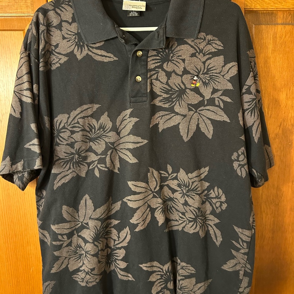 Disney Mickey Mouse Black and Tan Floral Polo Shirt size L 100% cotton